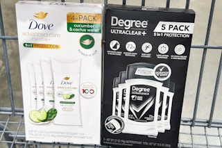 dove and degree deodorant packs in cart at costco