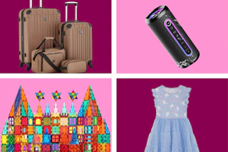 wrangler luggage, wireless speaker, magnetic tiles, bunny dress