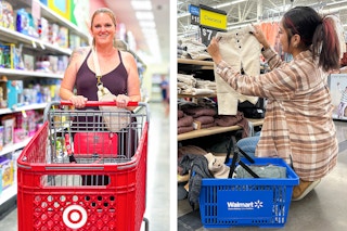 two different people, one pushing a target cart, and one with a walmart basket