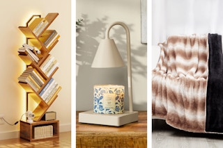 book tree shelf, candle warmer, and ombre colored blanket