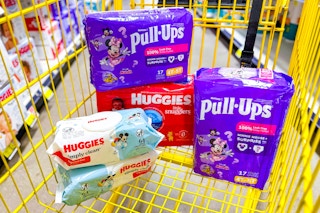 pull ups and huggies products in a yellow shopping cart