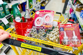 christmas items in a dollar general shopping cart
