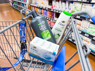 3 Dove products in Walmart shopping cart in store