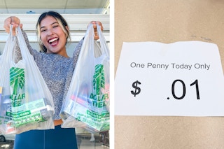 two images of a woman holding bags at the dollar tree and a dollar tree one penny today only sign