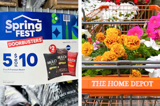 tho images of a lowes spring fest sigange and a home depot cart with flowers 