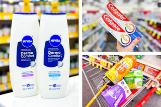 collage image of nivea body wash, colgate toothpaste, and swiffer products