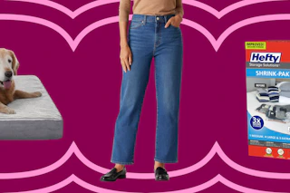 large dog bed, women's jeans, and Hefty shrink vacuum bags