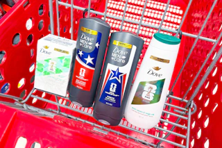 dove fifa body wash in a red shopping cart