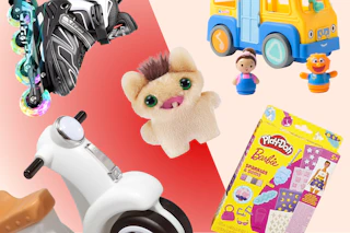 roller blades, little tikes ride on, mini fuggler, barbie playdoh set, and Ms. Rachel bus