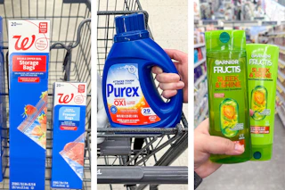 collage image of freezer bags, purex detergent, and garnier shampoo