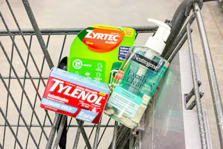 shopping cart with zyrtec, tylenol, and neutrogena products