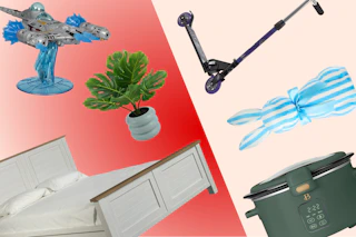 Mandalorian toy, monastera faux plant, Better Homes & Garden queen bed, green slow cooker, striped bunny decor, and kick scooter 