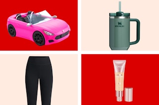 pink Barbie convertible, Stanley tumbler, Loreal concealer, and Time and Tru black leggings