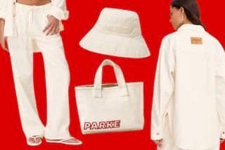 Parke x Target (new clothing line) showcasing pants, button down shirt, bucket hat & tote bag