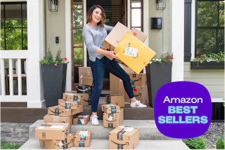 amazon boxes on a porch with joanie holding amazon packages