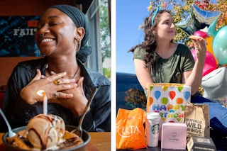 two photos of people enjoying their birthday freebie items 