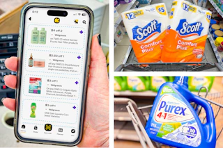 collage with purex, scott, and a hand holding a smartphone displaying 1-clip coupons