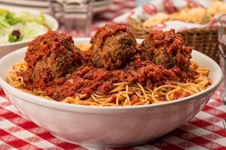A Buca di Beppo spaghetti and meatballs 