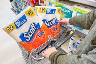 person pushing shopping cart with scott toilet paper