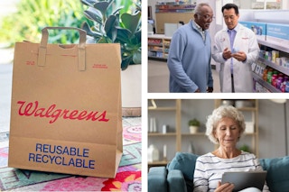 three images of a walgreens delivery bag, a senior man talking to a pharmacist, and an older woman on a ipad  