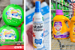 collage image of gain flings, miss mouths stain treater, and arm & hammer detergent