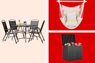 black patio dining set, white hammock swing, black deck box