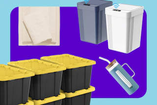 white sheets, Sterilite storage, Mainstays tumbler, and motion sensor trash can