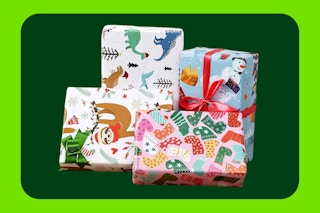 Four gifts are wrapped in cute paper: sloths, snowmen, socks, and dinosaurs.