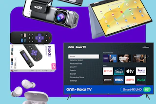 Roku device, JLB headphone, Onn Roku TV, HP laptop, dash cam