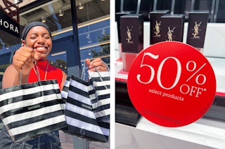 a person holding sephora bags outside of the store, and a 50% off sale sign
