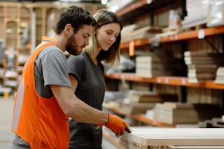 A woman picking out wood in Home Depot with a home depot employee