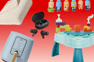 BH&G cream colored blanket, cornflower blue air fryer, black earbuds, little tikes water table, and bluey set